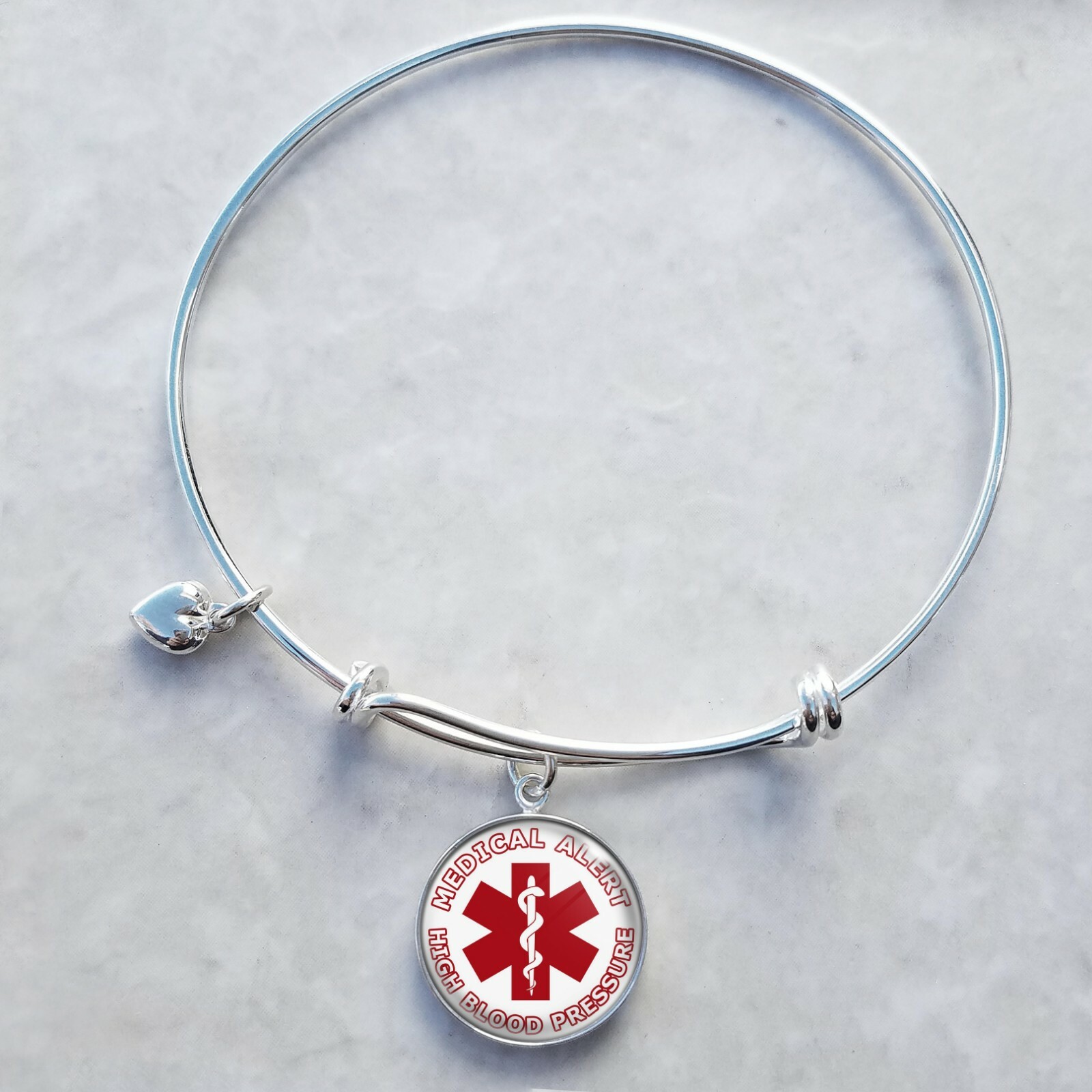 High Blood Pressure Medical Alert Sterling Silver Wire Bangle Charm Bracelet
