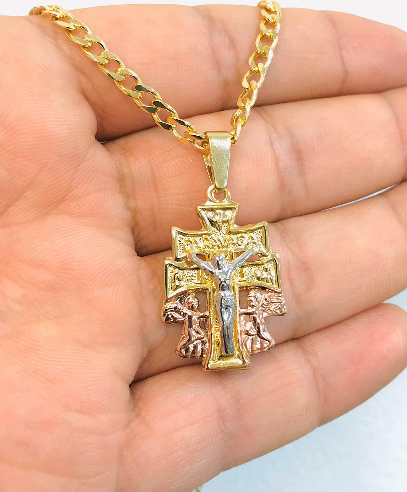 Gold Cross Pendant Men Necklace 24 in Gold Filled Caravaca Cruz Dije Hombre