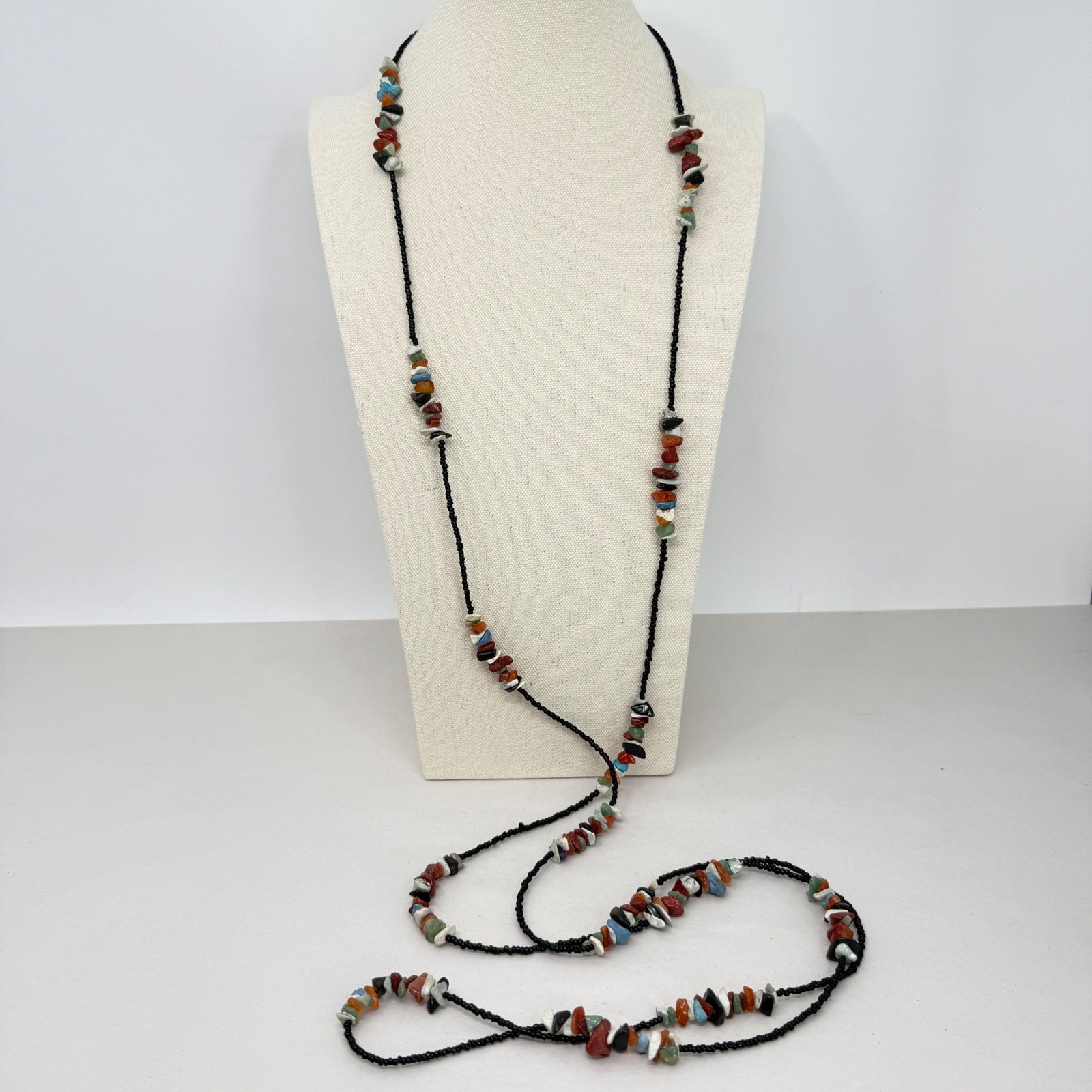 Gemstone Chip Seed Bead Long Necklace Southwest 72″ Long Western