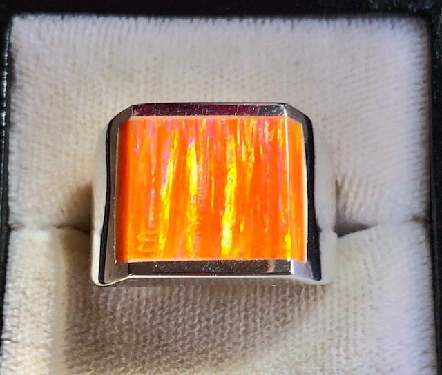 Orange Fire Opal Square Ultra Vivid FLASHES Heavy Sterling Men’s ring 14 VIDEO