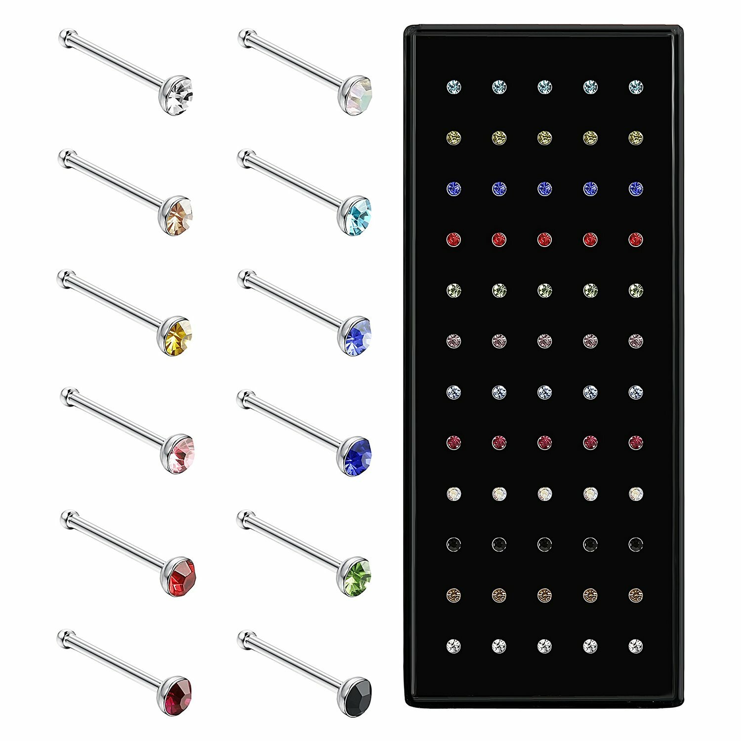 60 PCS Stainless Steel CZ Nose Studs Rings Bone Piercing Pin Body Jewelry 22G