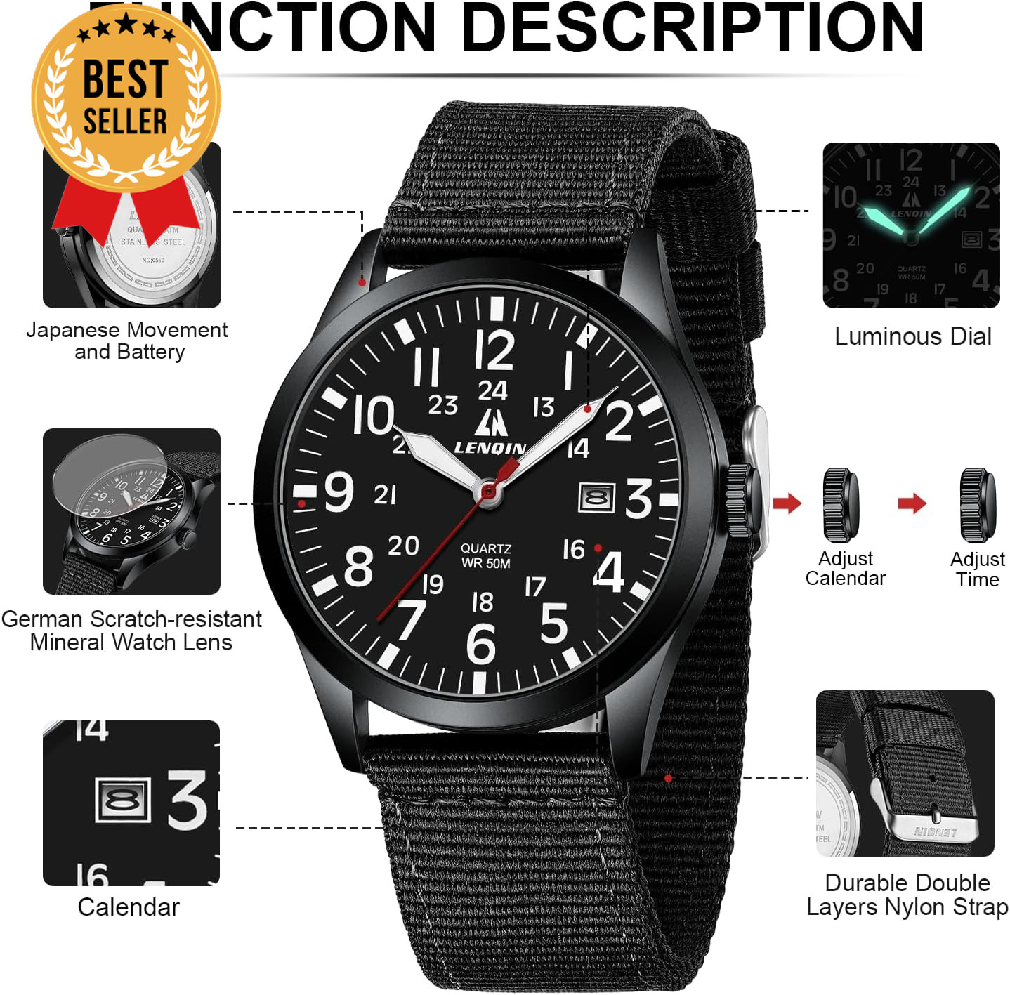 Men’s Military Sport Watch Nylon Strap Luminous Analog Quartz Waterproof Casual
