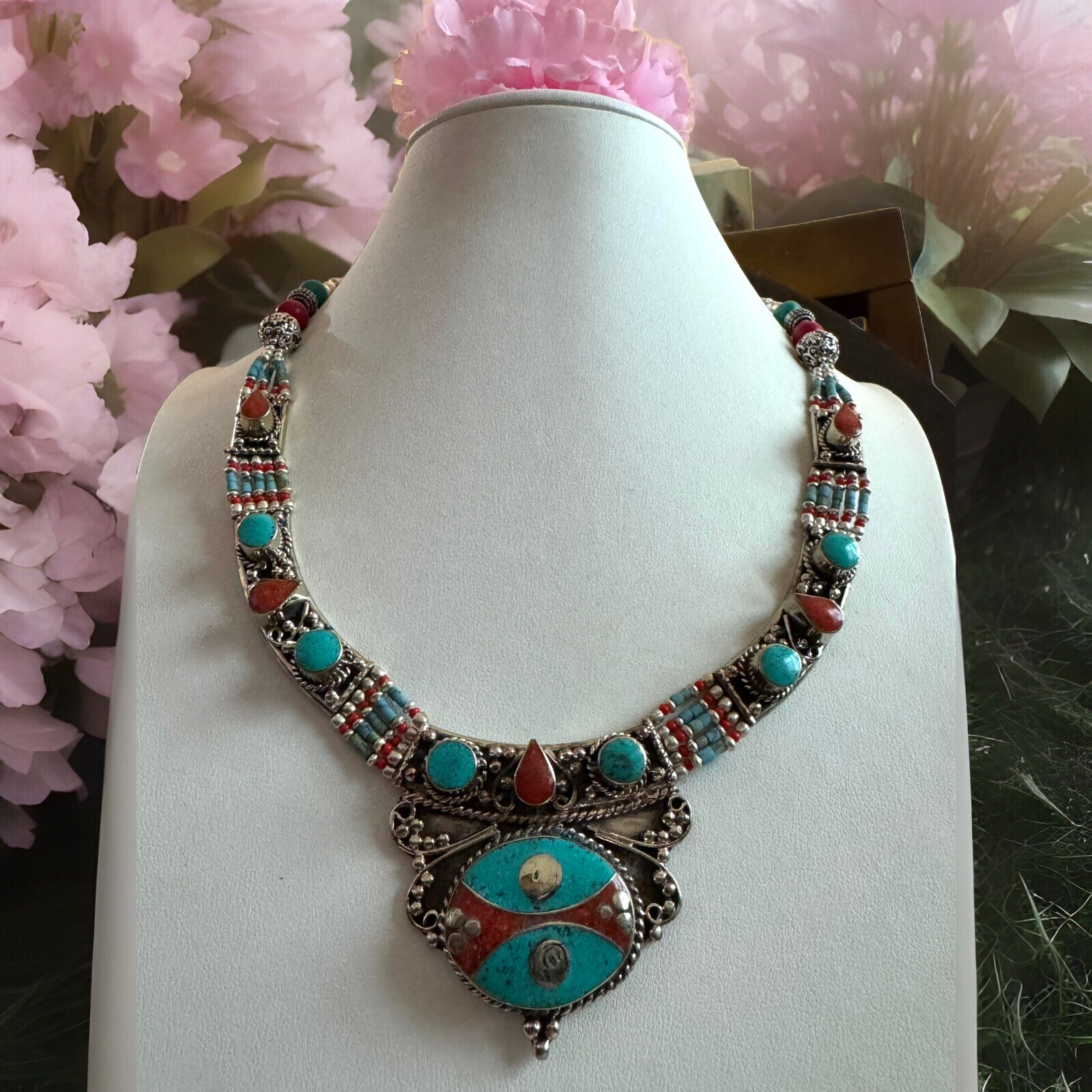 Ethnic tribal theme hand crafted necklace inlay stones set in Tibetan silver19”