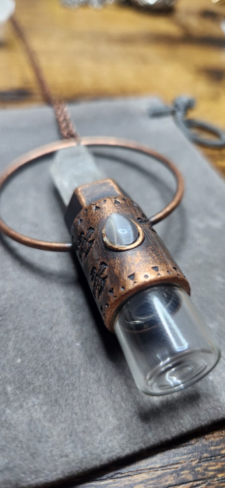 Essential Oil Rollerball Vial Quartz Crystal Copper Aztec Eagle Necklace