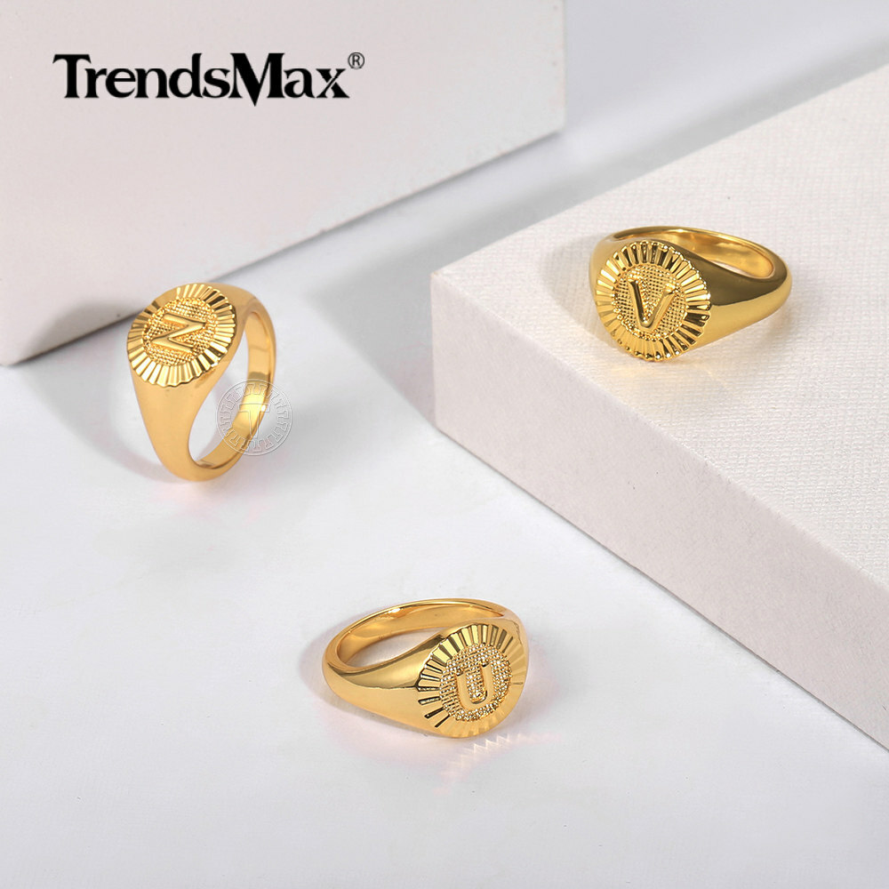 Gold Plated Monogram Letter A-Z Signet Ring Initial Alphabet Knuckle US Size 7
