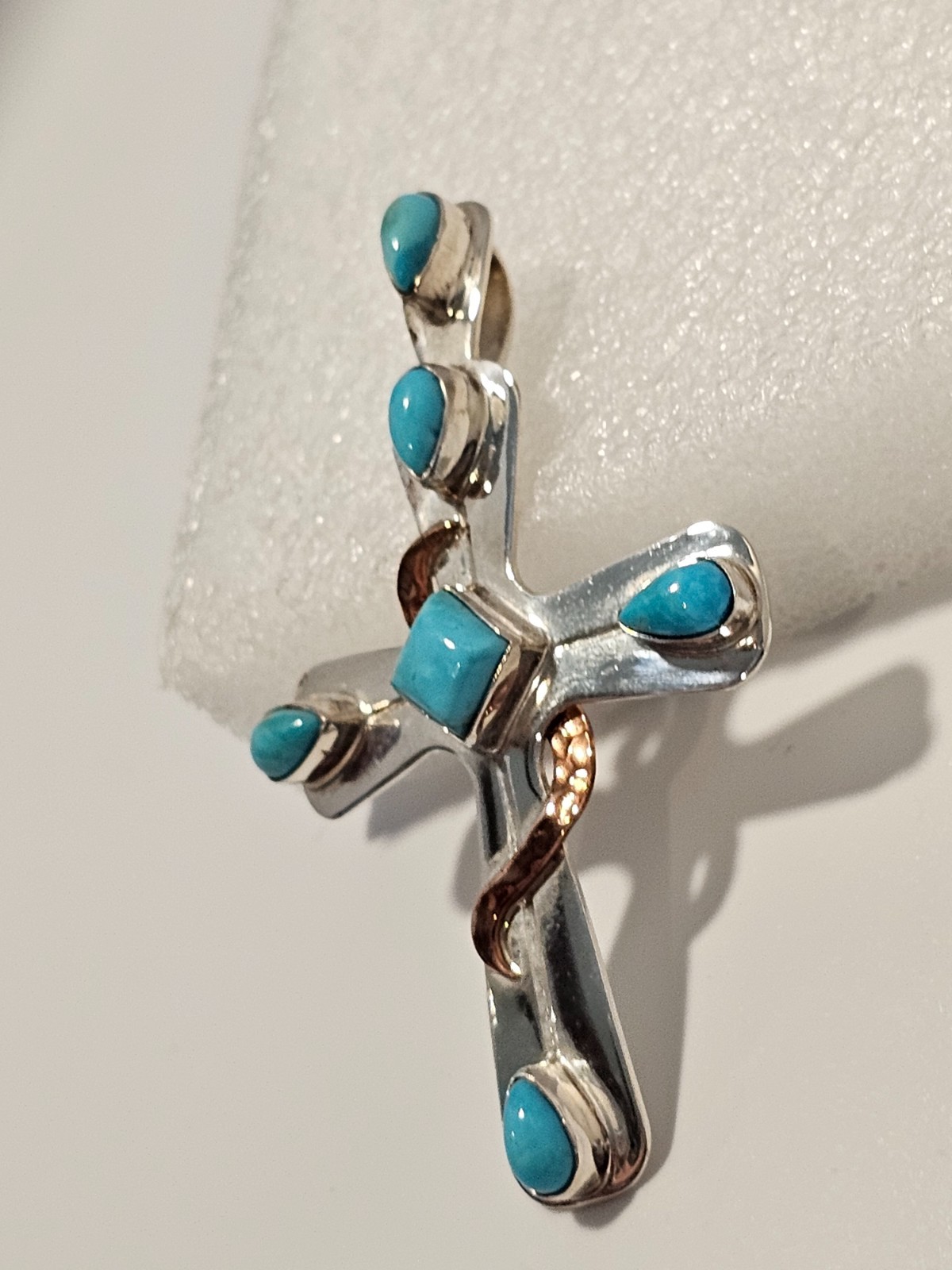 Jay King sterling silver turquoise cross pendant copper detail signed DTR