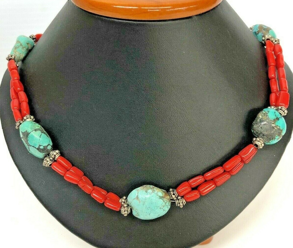 Sterling Silver Natural Beads Turquoise, Coral Necklace 19 1/2 inches