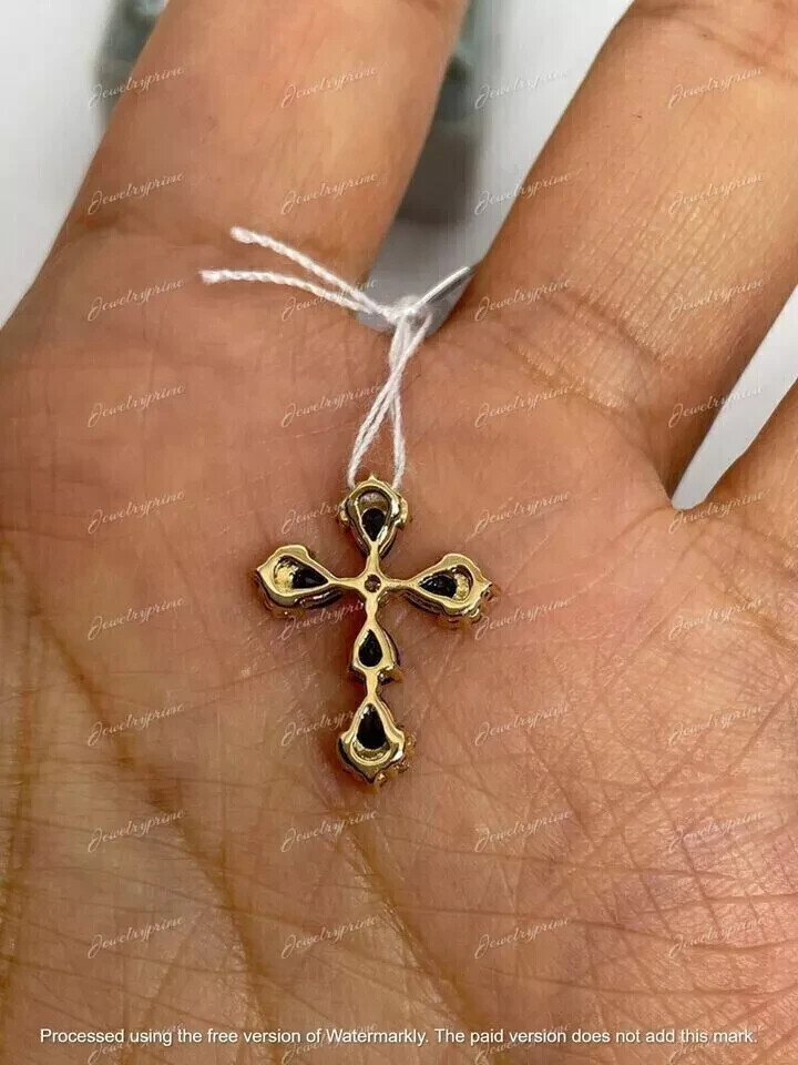 2Ct Pear Cut Lab Created Sapphire Religious Cross Pendant 14K Yellow Gold Plated