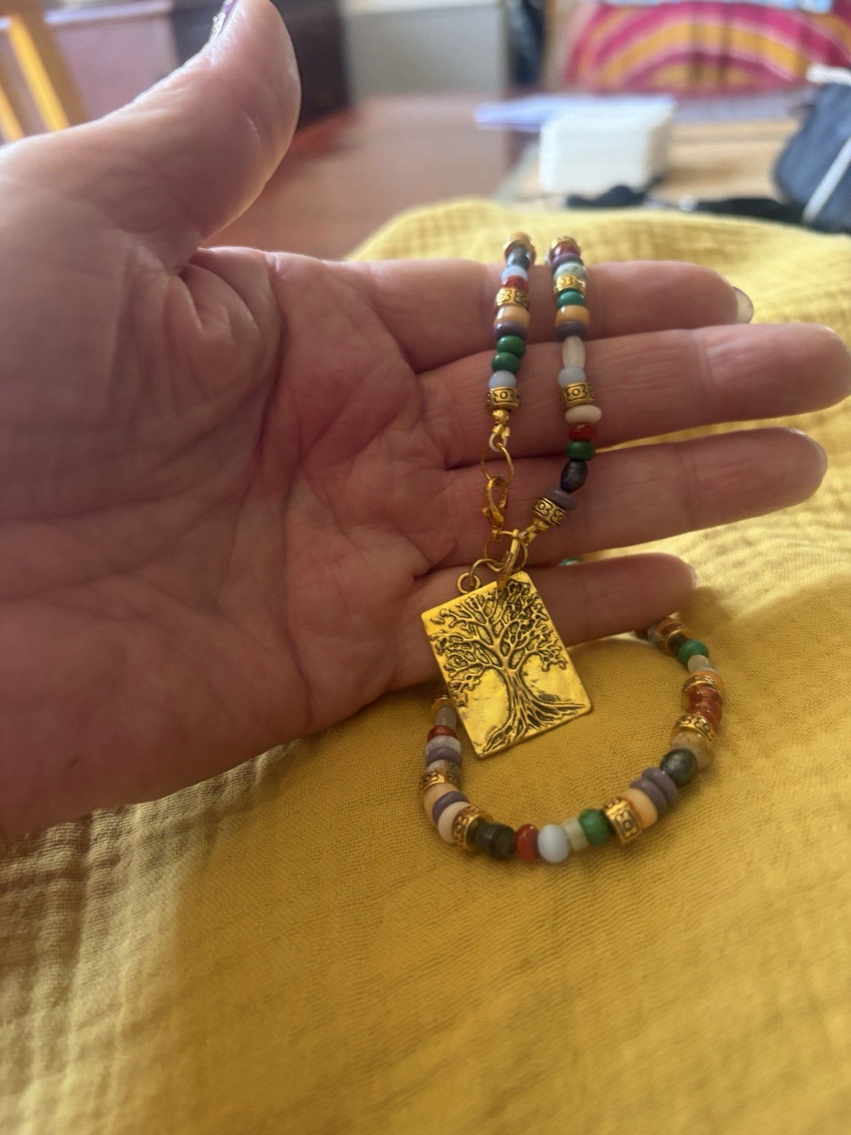 Handmade Multicolor Beaded Necklace Tree of Life Pendant Lobster 20 in