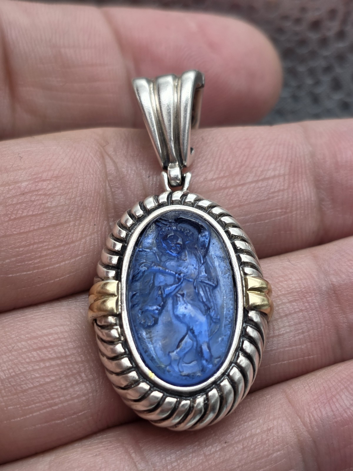 PHILLIP GABRIEL MENEGATTI 18K GOLD STERLING SILVER BLUE WOMAN GLASS PENDANT
