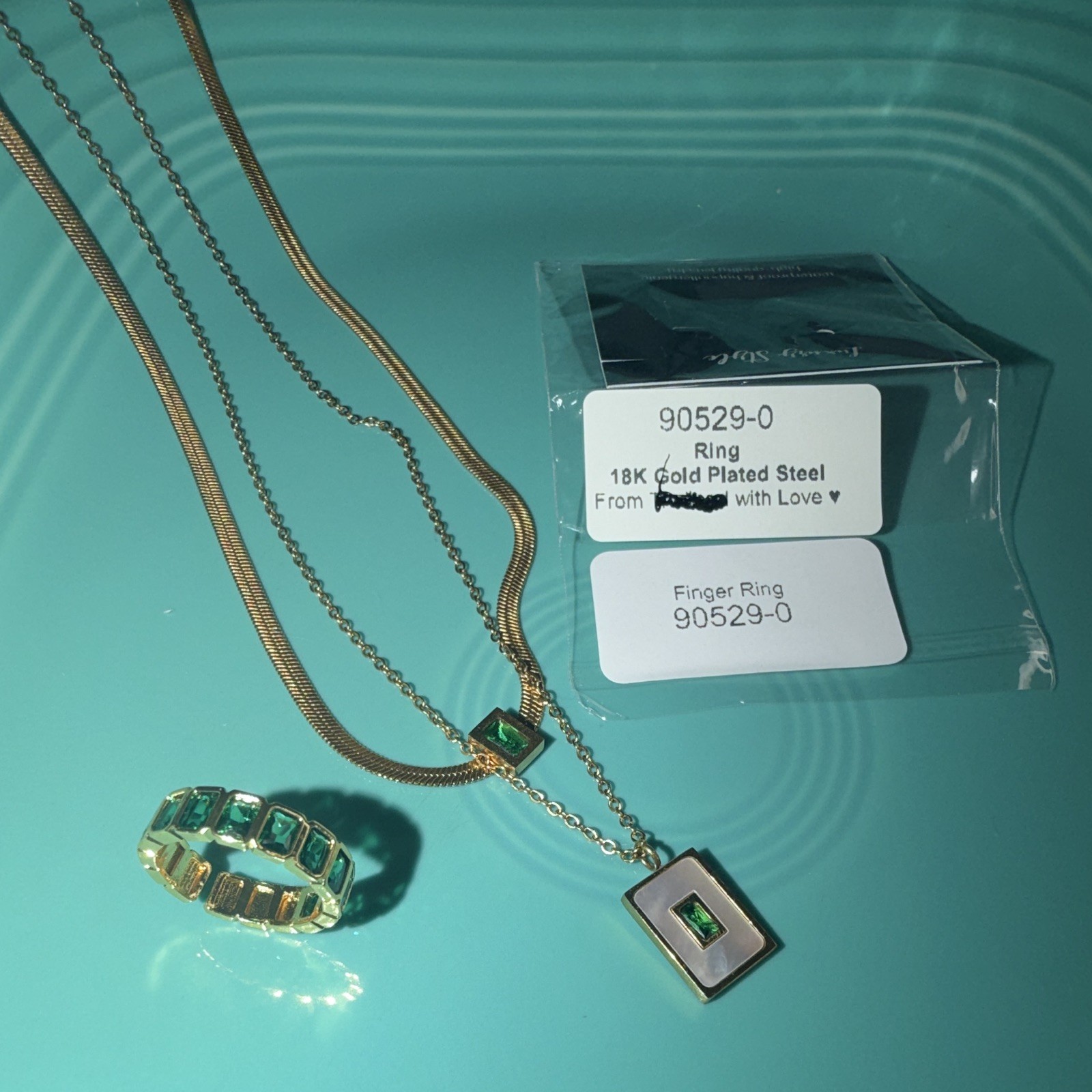 Luxury Style 18K Gold Plated Steel Necklace & Ring Set Gold/Green 90529-0