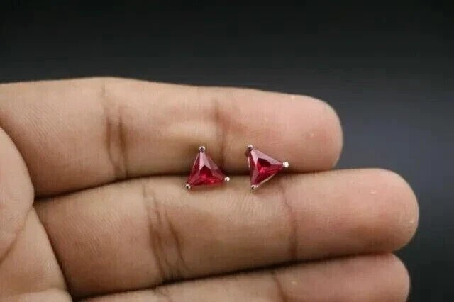 1Ct Trillion Lab Created Ruby 14K White Gold Plated Tiny Triangle Stud Earrings