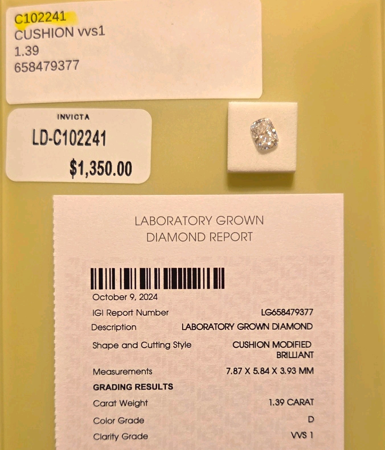 1.39ctw Lab-Created Cushion Diamond D VS1 IGI Certified (MSRP $1,350)