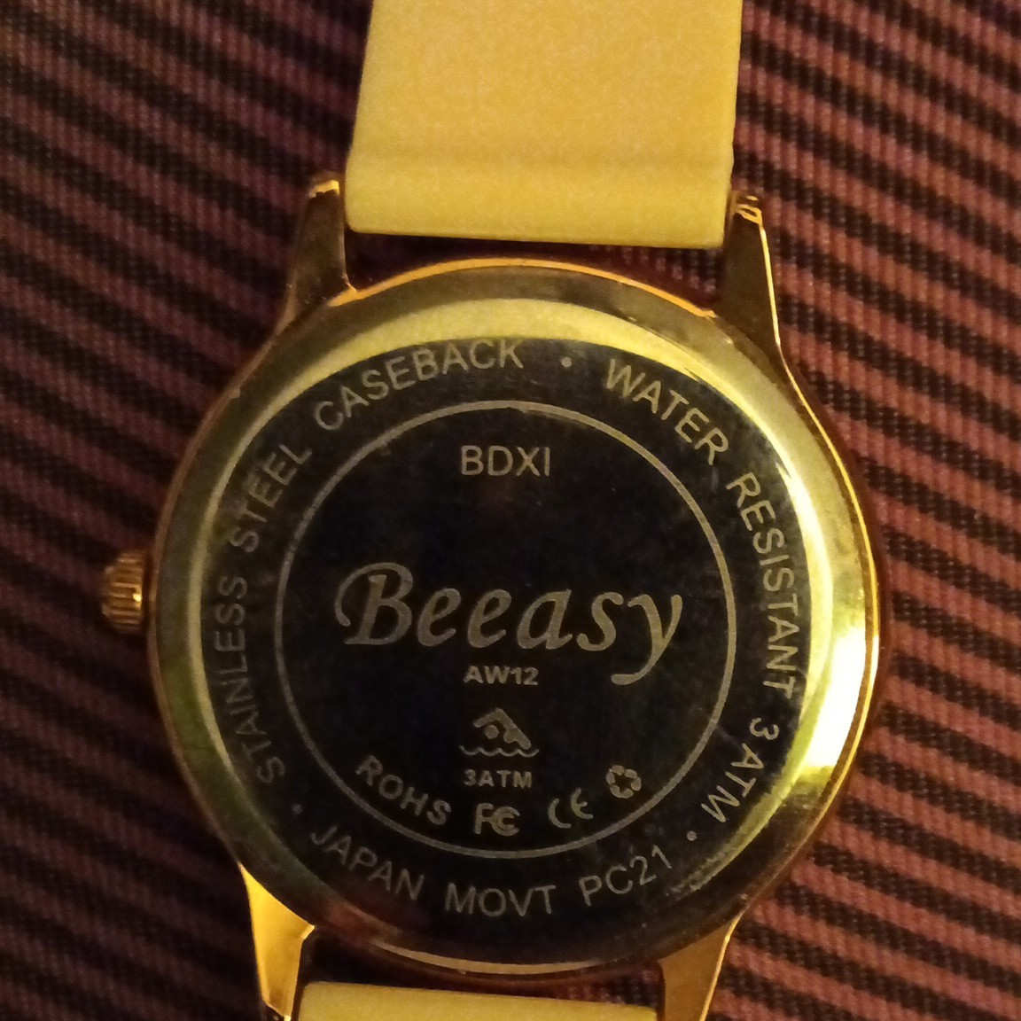 Beeasy AW12 Quartz Analog Watch 34mm Gold-Tone Steel White Dial Beige Strap