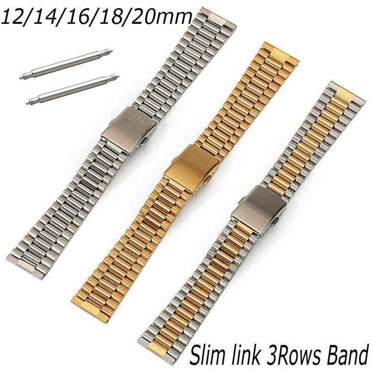 12-20mm 3Rows Slim Metal Watch Band Safe Secure Clasp Stainless Steel Link Strap