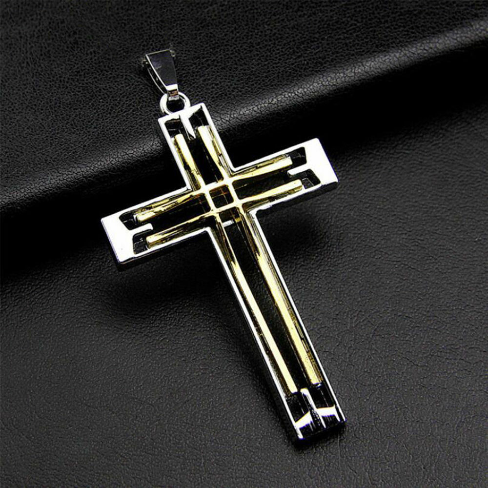 large CROSS CRUCIFIX pendant 24″ Sterling Silver 925 necklace chain men gold box