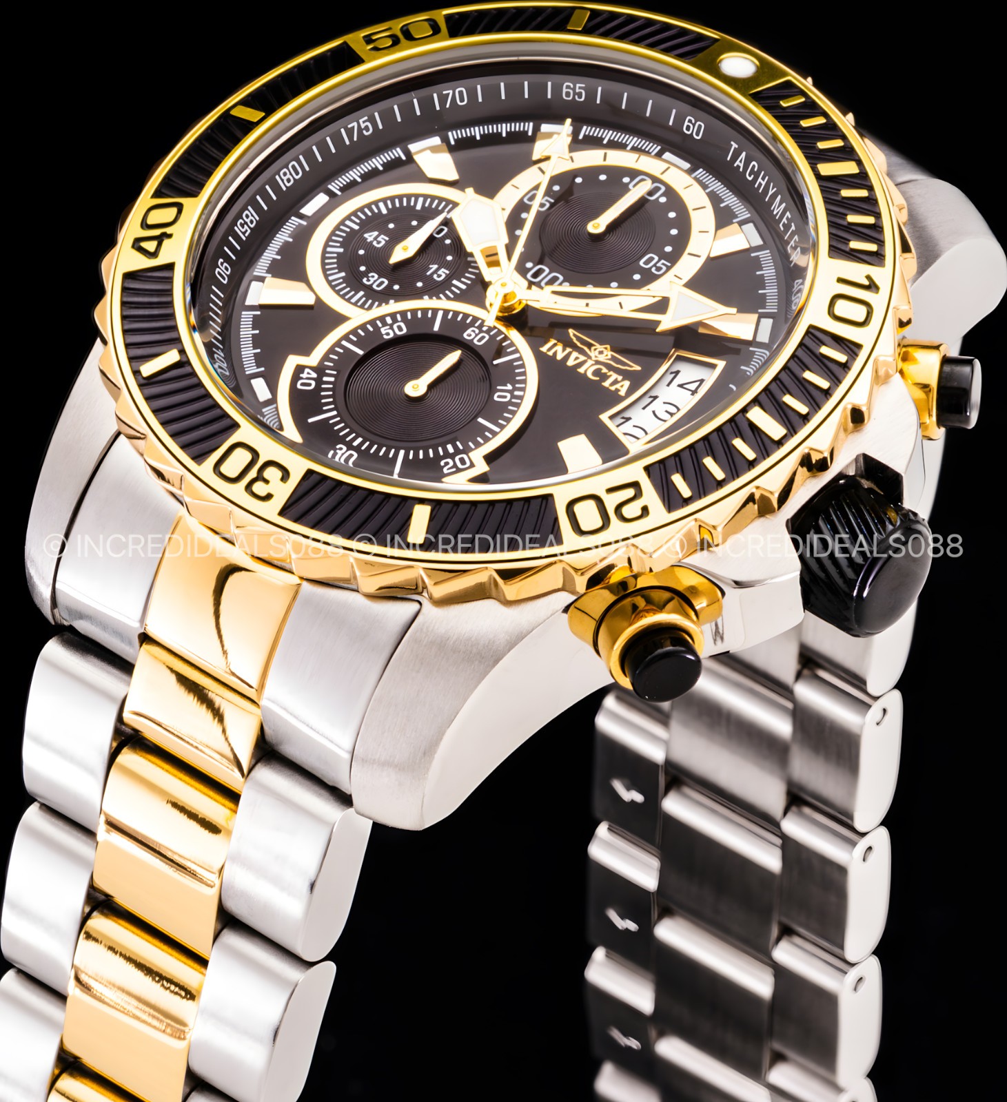 Invicta Men PRO DIVER SCUBA 18K GOLD SILVER Black Dial Two Tone Bracelet Watch