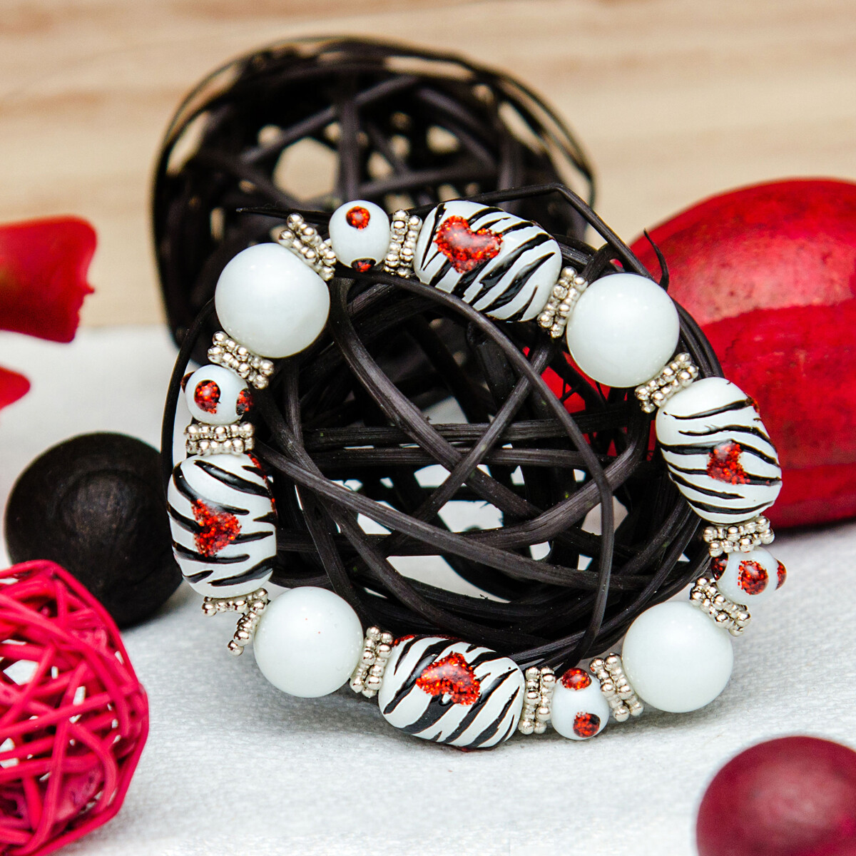 Heart Bracelet Black White Zebra Unique Beaded Stretch Bracelet for Women