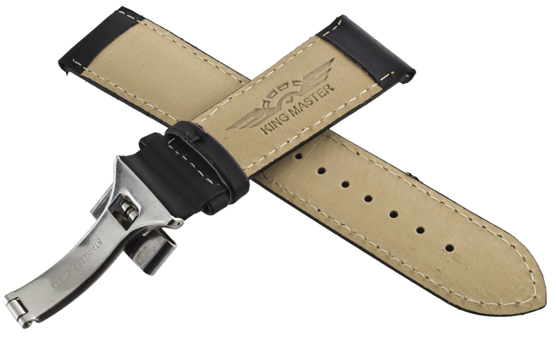 King Master 24mm Black Leather Silver-tone Buckle Watch Band Strap