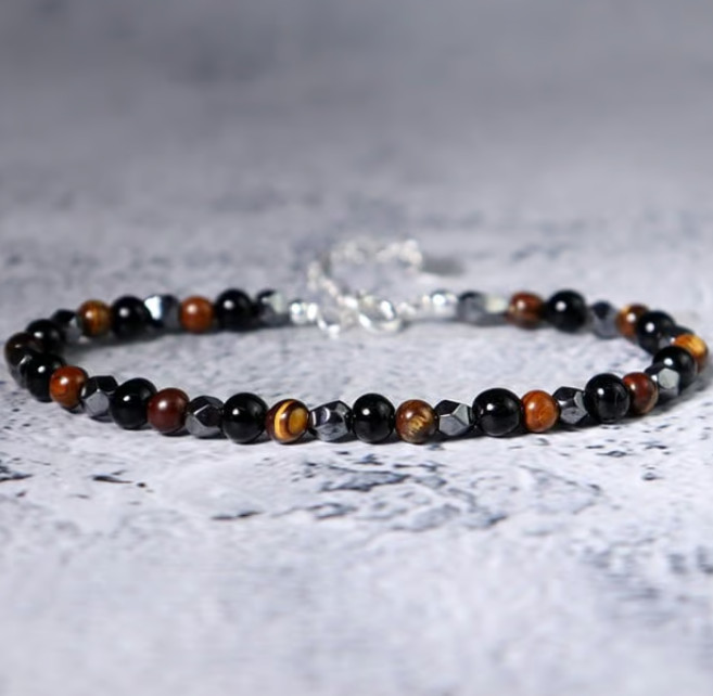 Tiger Eye Obsidian Hematite Bracelet – Triple Protection, Dainty Minimalist Bead