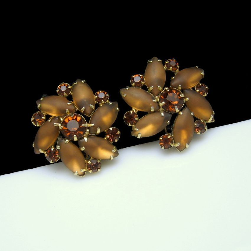 D&E Juliana Vintage Satin Glass Large Clip Earrings Topaz Rhinestones Prong Set