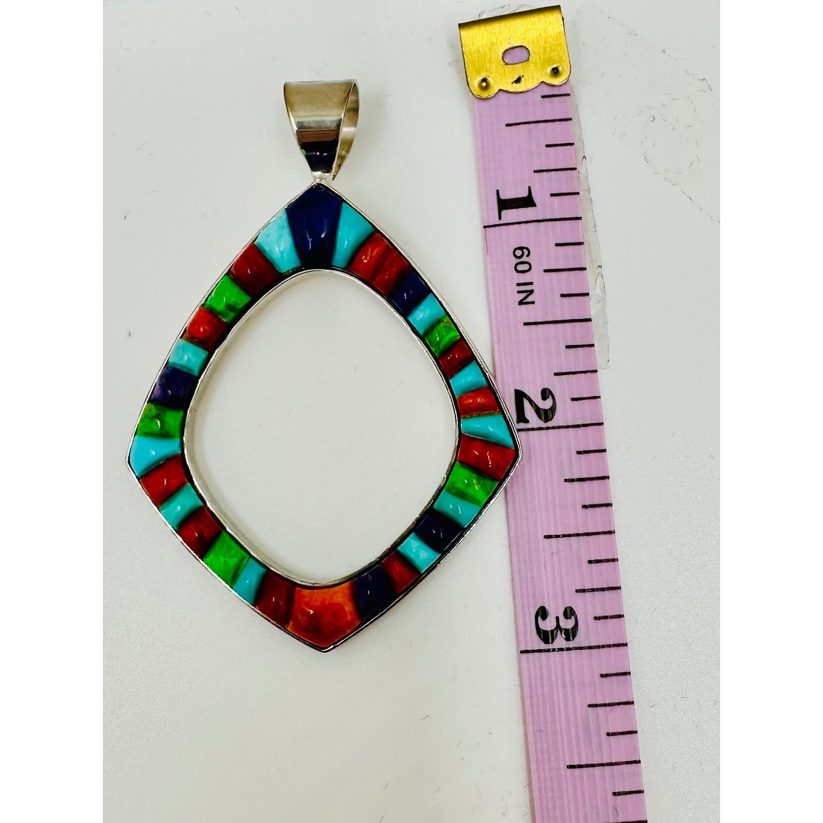 Sterling Silver Multi Stone Inlay Teardrop Pendant Red Beaded Necklace 18.5in