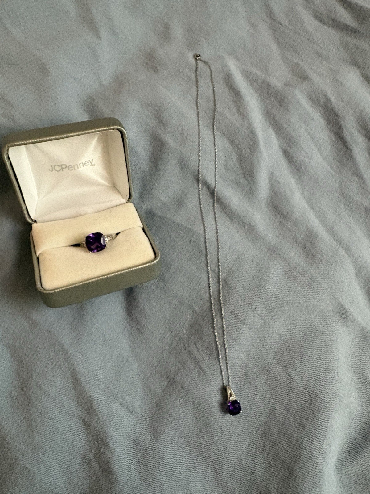 JCPenney 1Ok White Gold Amethyst & Diamond Necklace and Ring Size 7