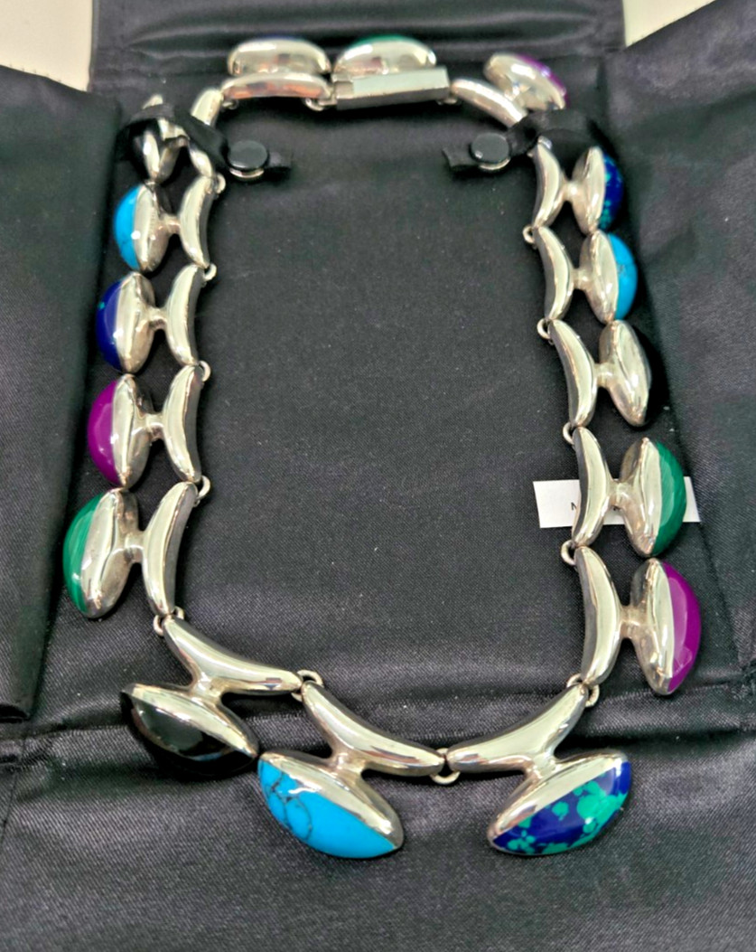 Vintage Mexican 925 SS necklace with varied stones turquoise, onyx etc