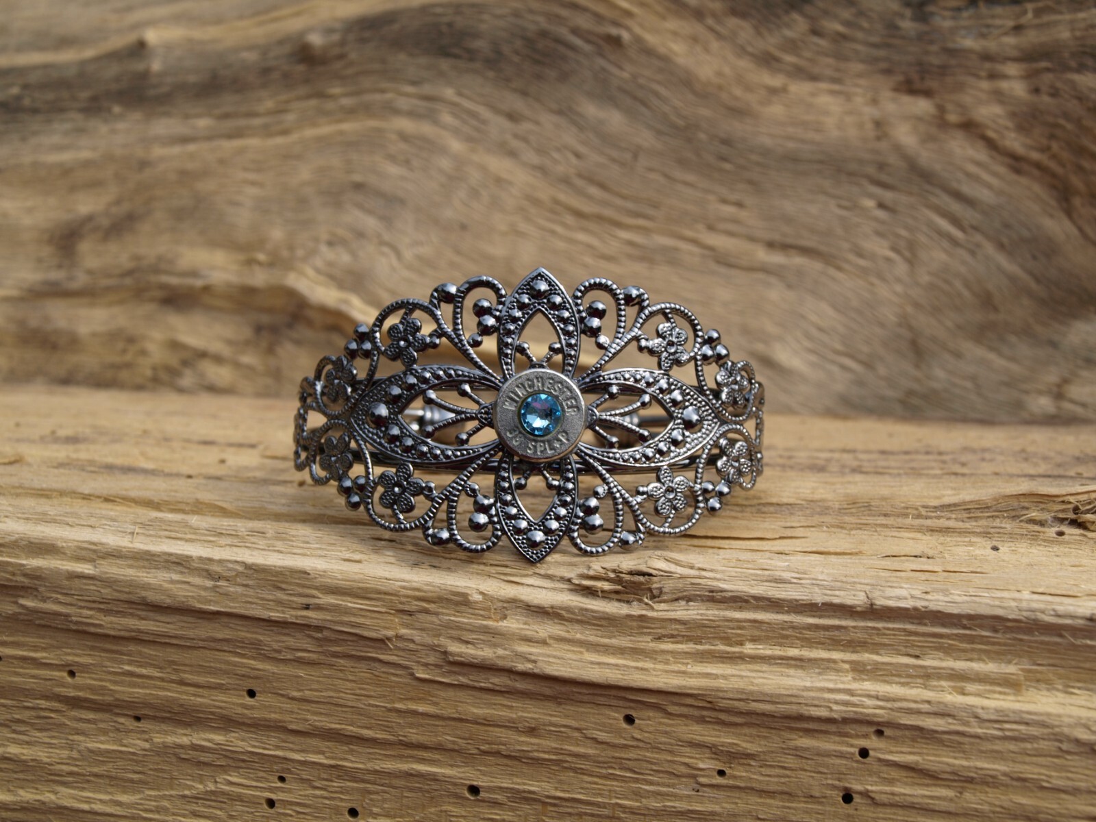 Antique Silver Filigree BULLET Bracelet. Optional Glass Crystal