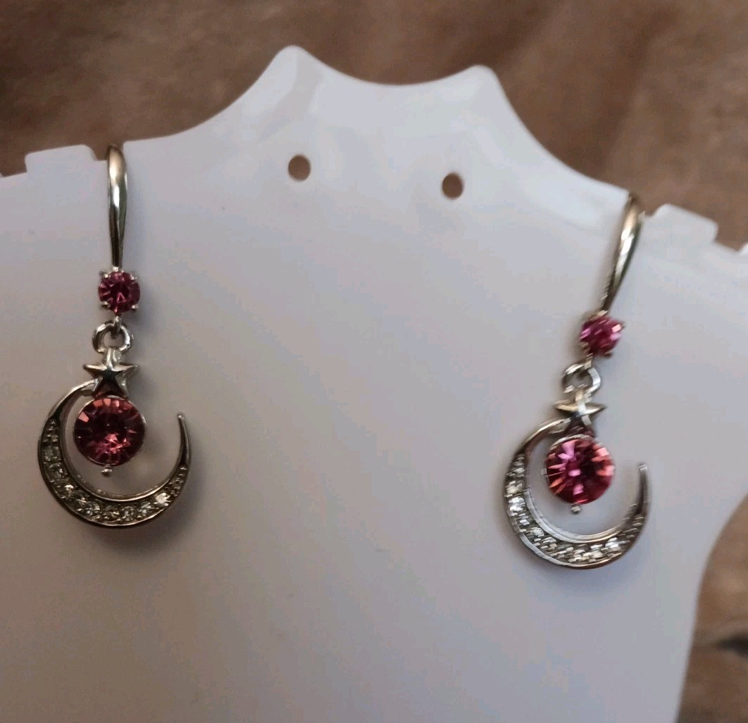Womens Fashion Earrings Pink Crystal Crescent Moon Dangle Drop Hook Costume