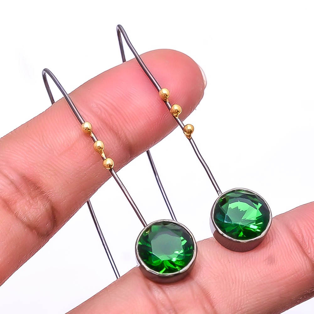 Emerald (Simulated) 925 Silver Black And Gold Rhodium Plated Earring 1.95″ E30