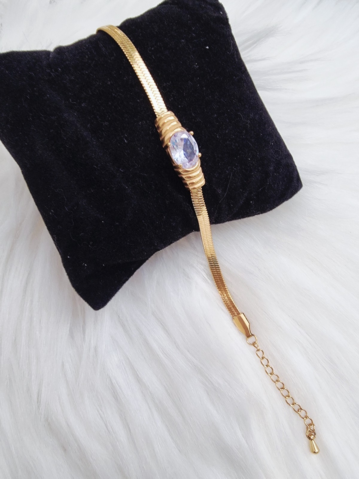 Gold Oval White Stone Bracelet/ Stainless Steel / Adjustable