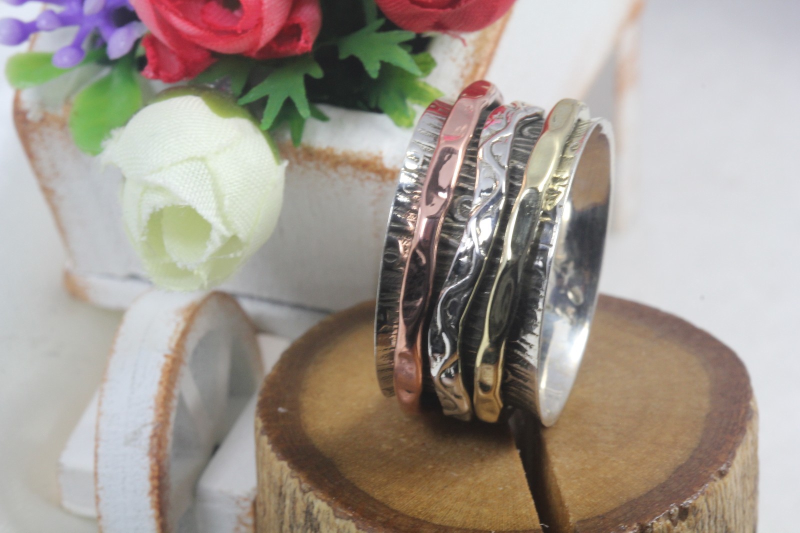 Wood Grain Boho Sterling Silver 925 Gold, Rose Fidget Spinner Meditation Ring