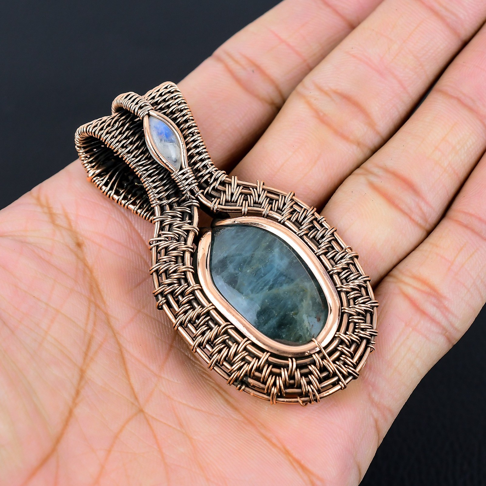 Neon Blue Apatite Handmade Gemstones Copper Wire Wrapped Moonstone Pendant