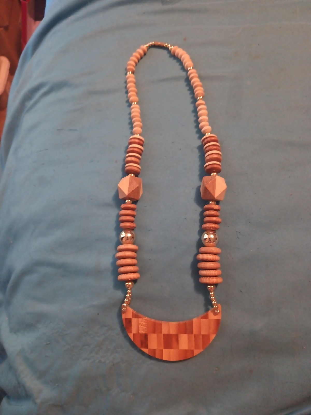 Vtg Wood Statement Chunky Bohemian Natural Brown Bib Necklace 26″ From The 80’s