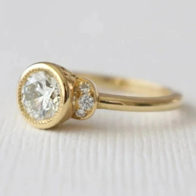 Bezel Set Engagement Ring 14K Yellow Gold Plated Round Cut Simulated Diamond