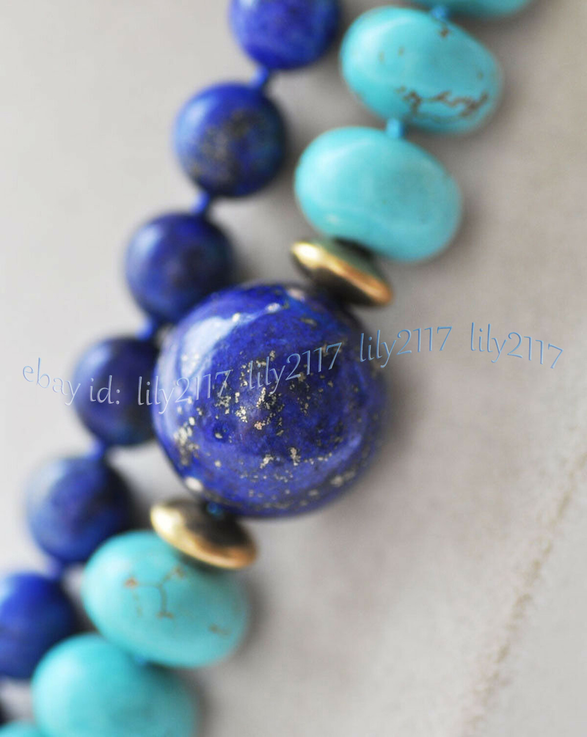 2 Rows 5x8mm Blue Turquoise Rondelle Gems & Round Lapis Lazuli Necklaces 17-18”