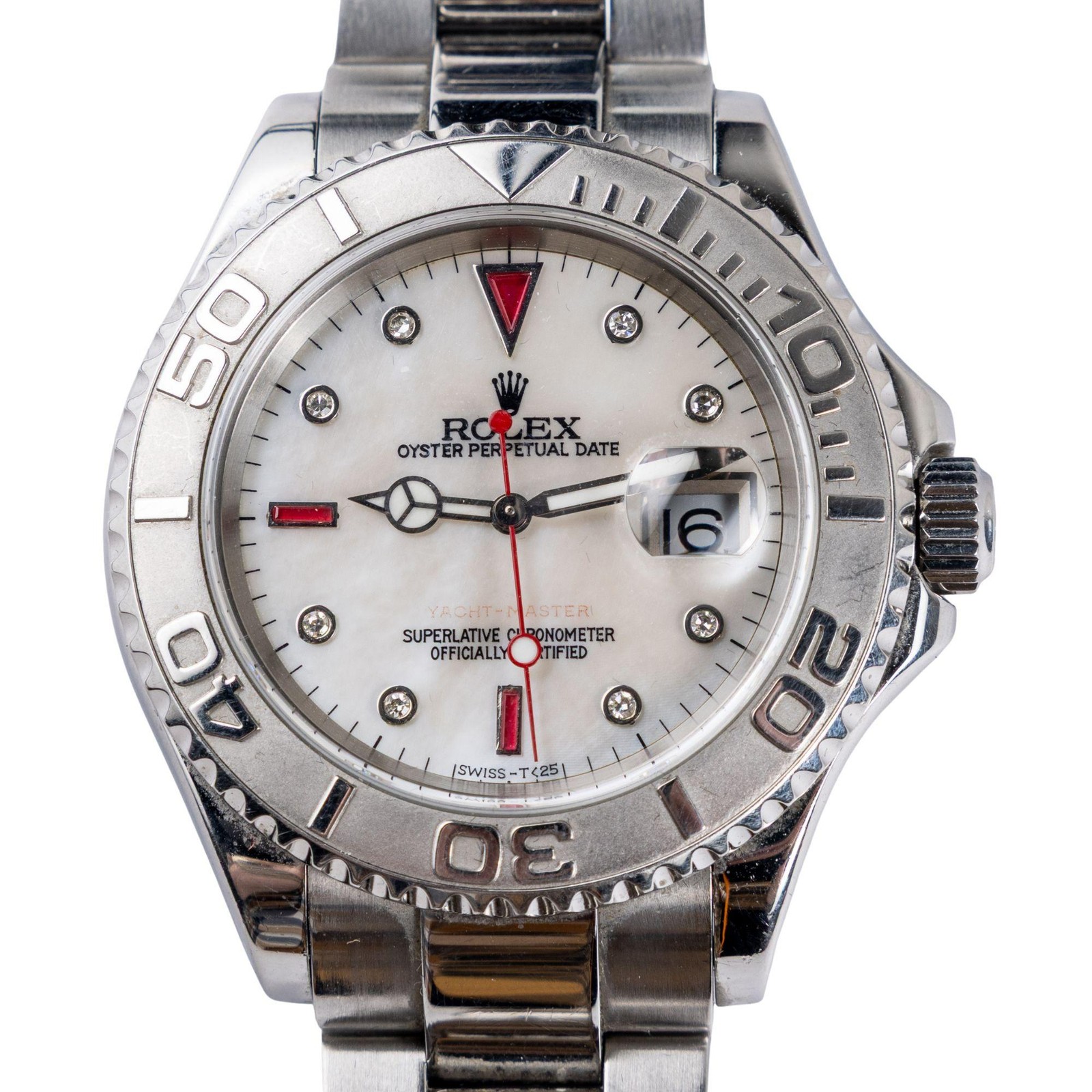 Rolex Yachtmaster 16622 40mm Platinum Bezel Ruby Gem Dial Steel Oyster Watch