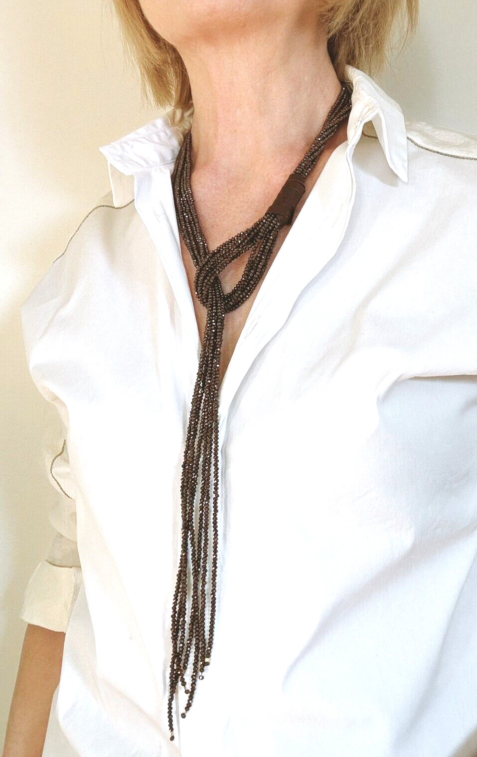 Brown Crystal Lariat Necklace: Tie Necklace, Genuine Leather, Handmade