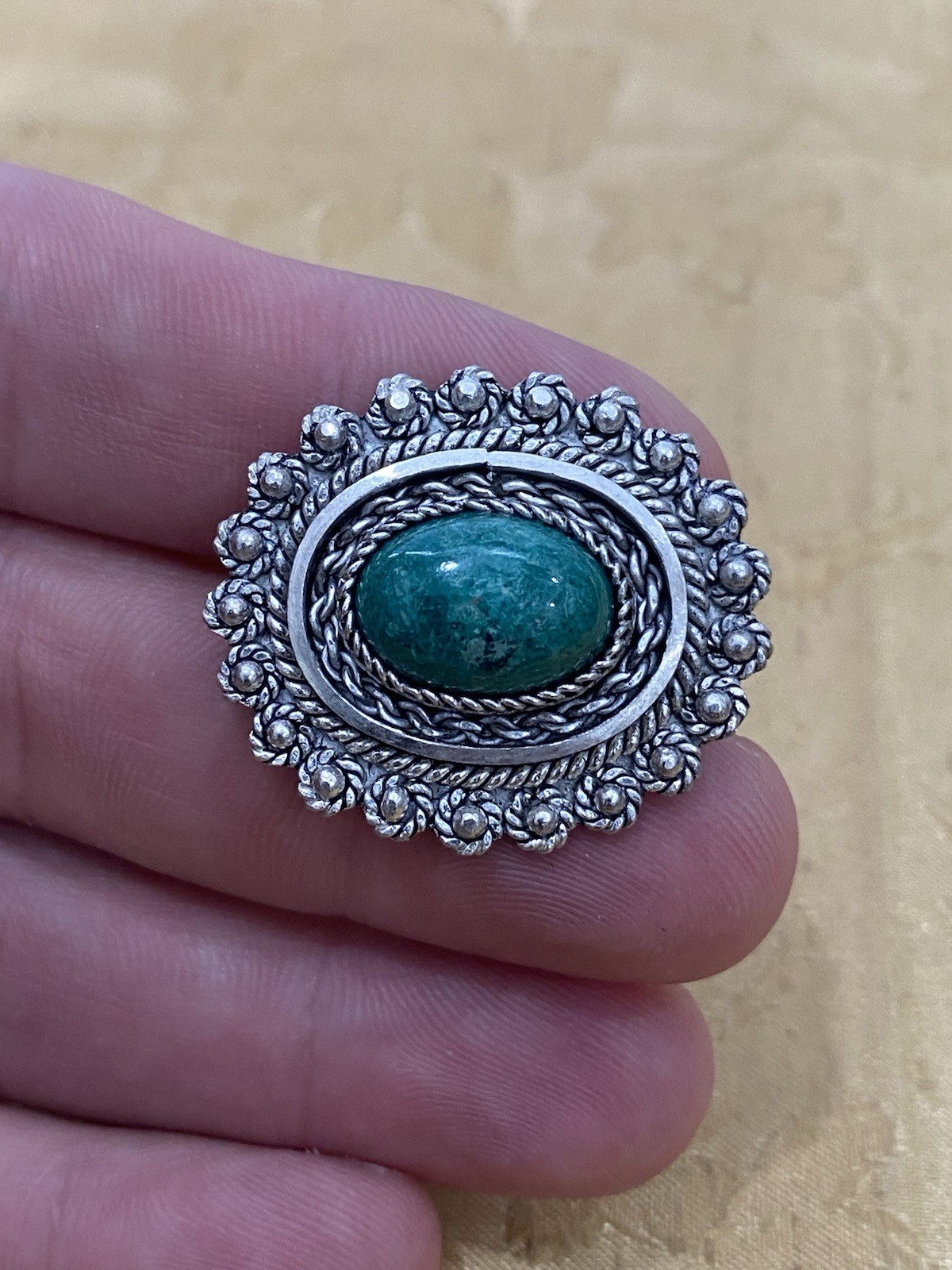 Vintage Sterling Silver 925 Tested Estate Acquired Israel Green Stone Brooch Pin
