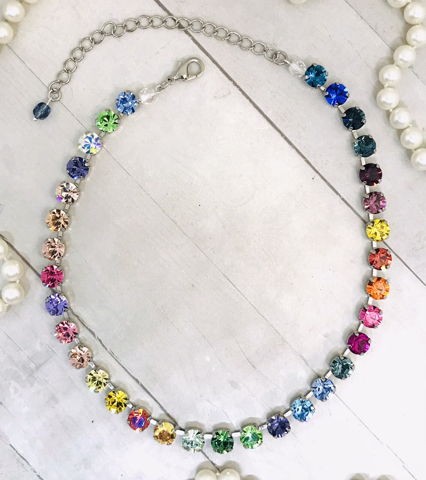 Silver Plated 33 Stone Colorful Rainbow Cup Chain Crystal Necklace