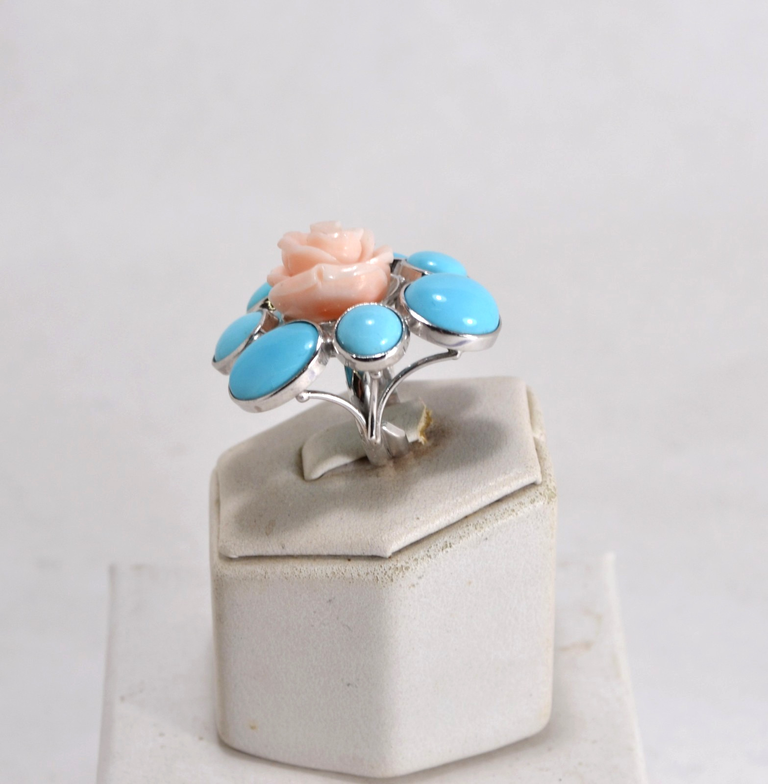 925 SILVER RING RHODIUM NATURAL TURQUOISE PINK CORAL PINK AGNK 0123