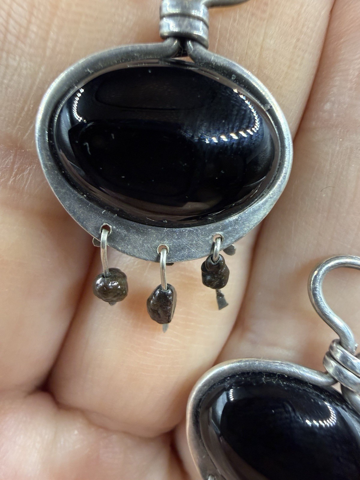Black Onyx Dangle Ellipse Cabochon Silver Drop Earrings