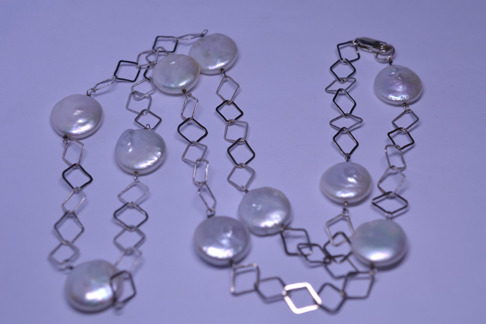 STERLING SILVER 30 IN. LONG OPEN LINK & LARGE 5/8 IN. WHITE COIN PEARL NECKLACE