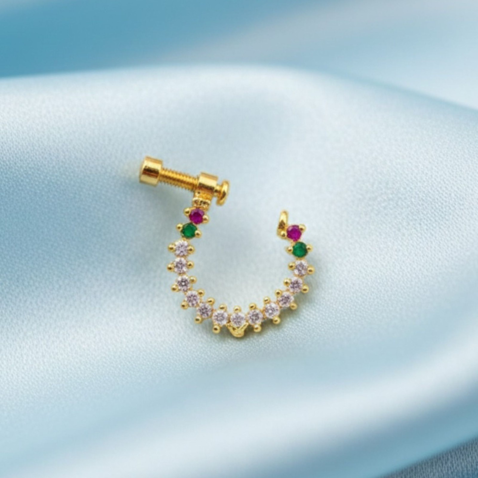 Gold Plated CZ Indian Nose Ring Set: Bridal Nath, Non-Piercing Clip On