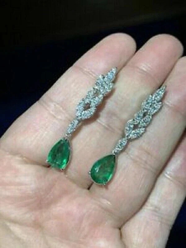 2.13Ct Pear Cut Lab-Created Emerald & Diamond Wedding 14k White Gold FN Earrings