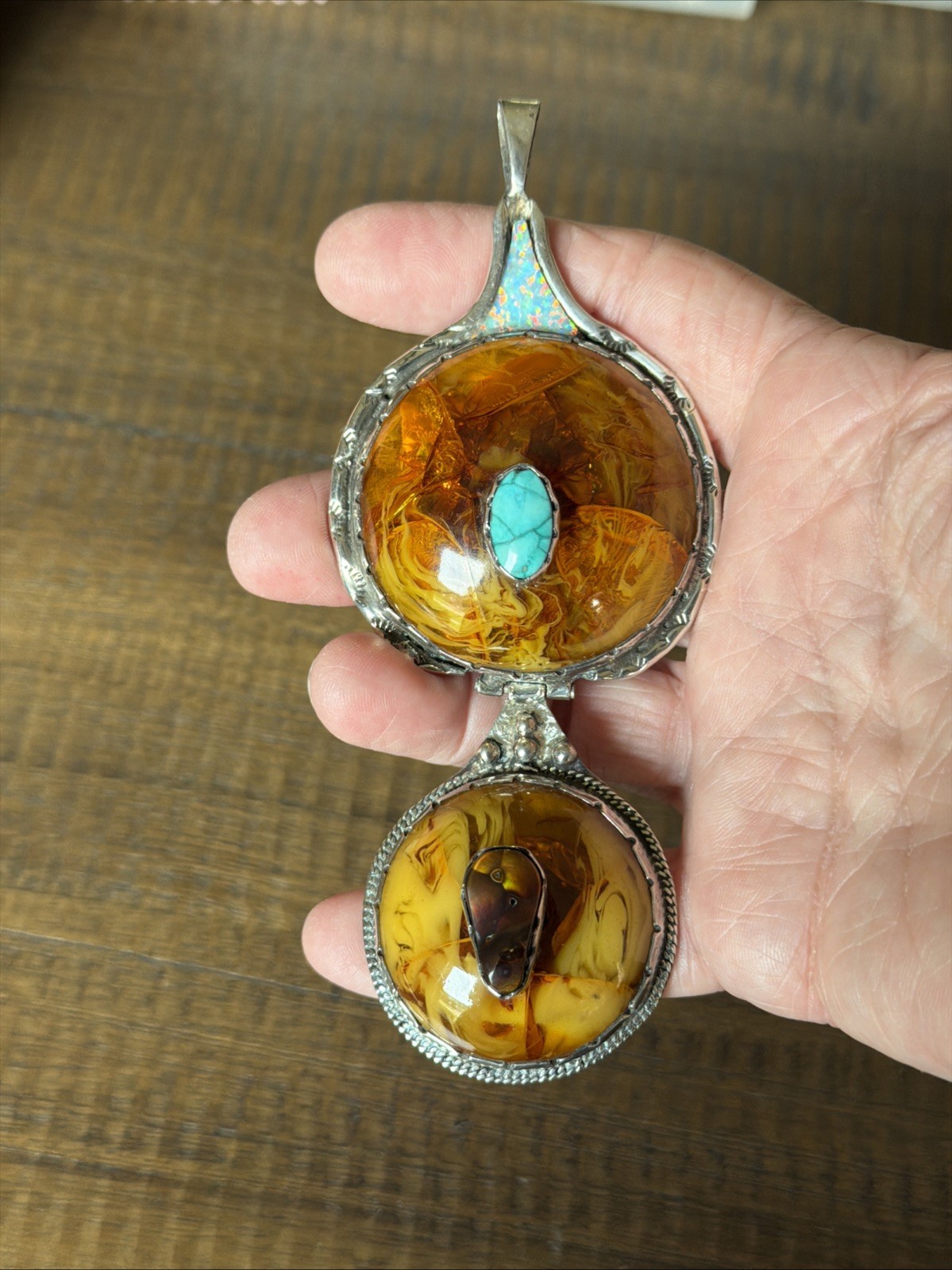 Vintage Native American Sterling Amber & Turquoise Pendant Beautiful Unique RARE