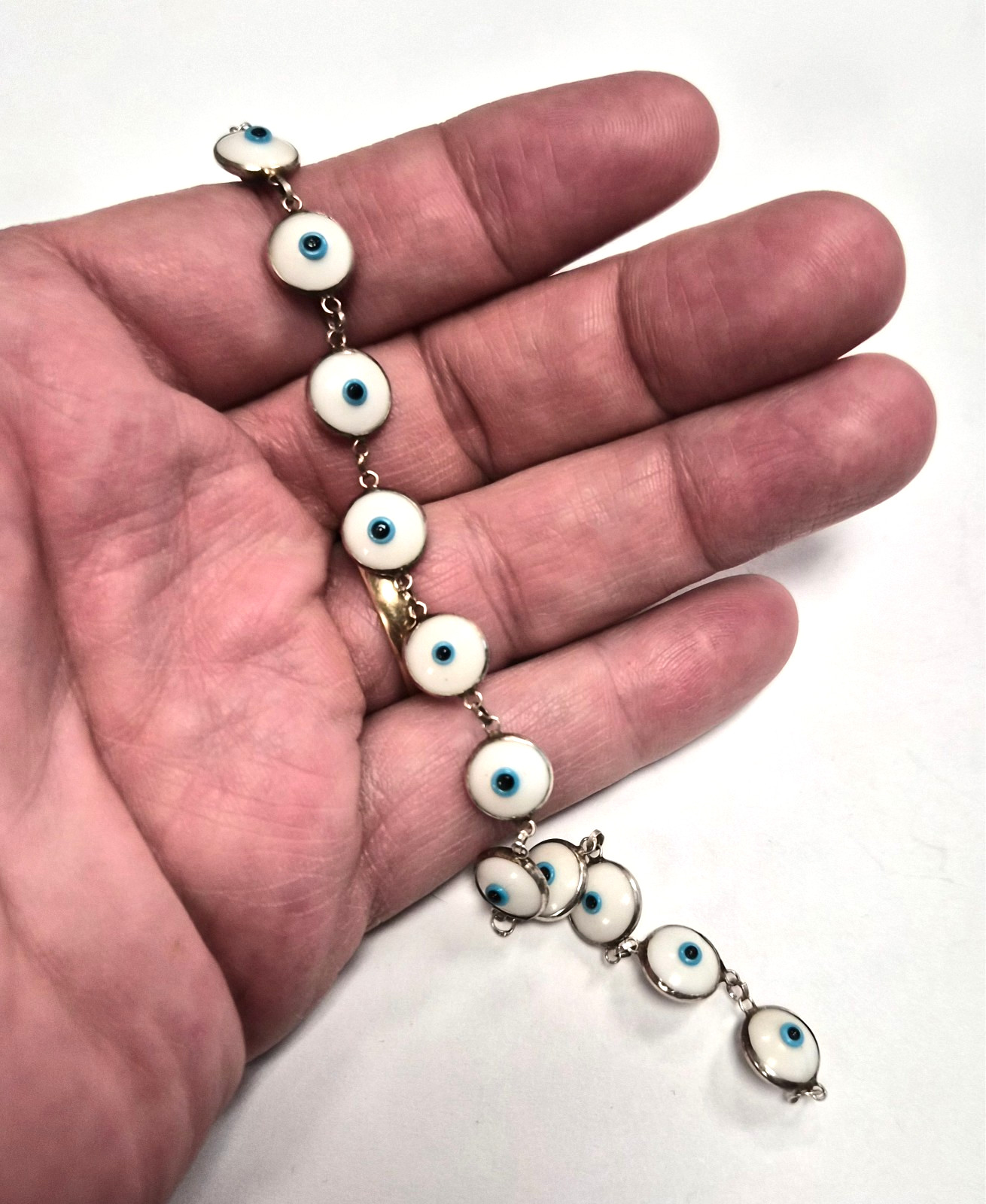 Estate Sterling Silver 925 White & Blue Evil Eye Glass Tennis Link 7″ Bracelet
