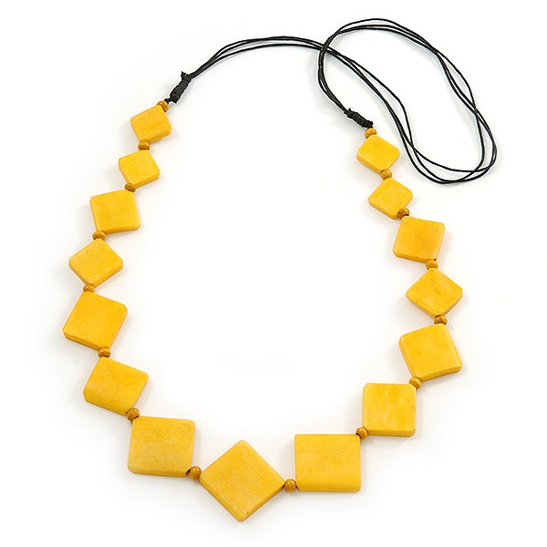 Yellow Square Bone Bead Black Cotton Cord Long Necklace – 82cm L