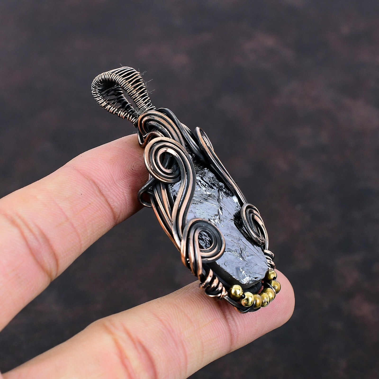 Women Day Gift Shungite Rough Jewelry Copper Mum Gift Wire Wrapped Pendant 2.76″